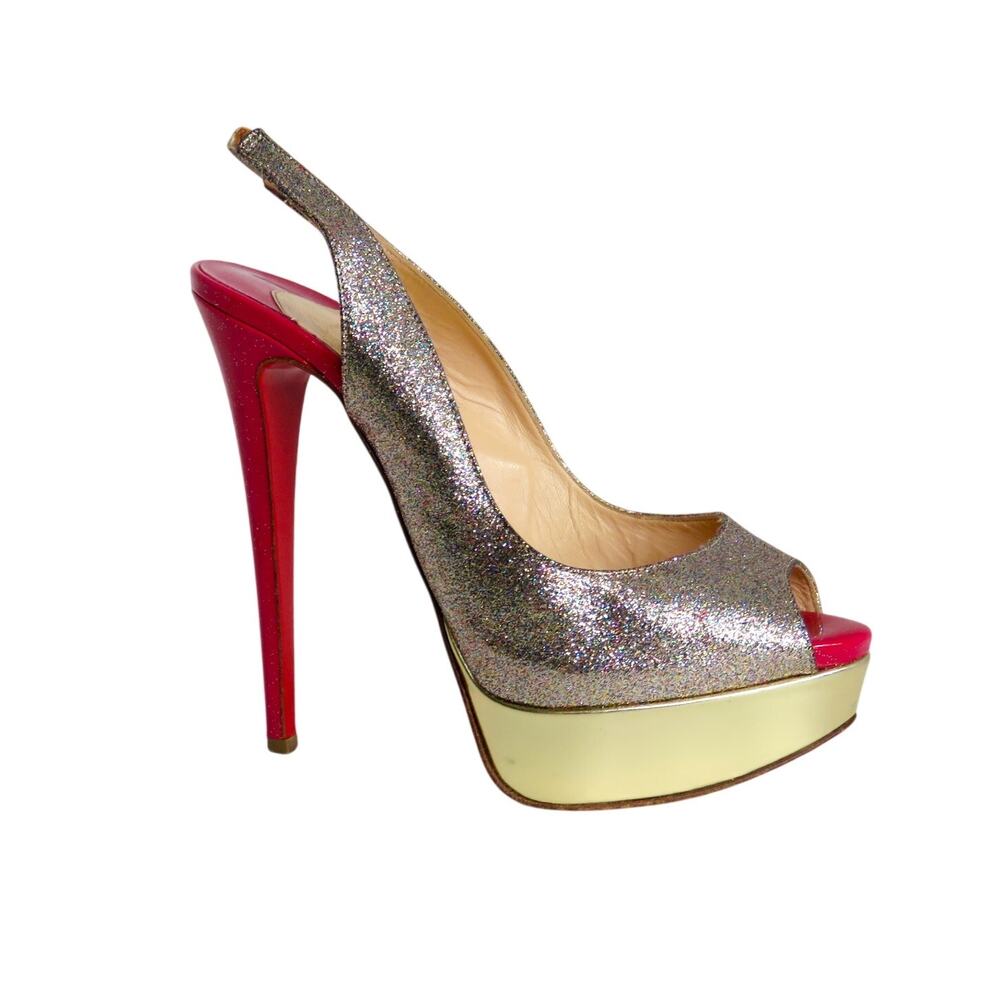 Christian Louboutin Lady Peep Slingback Glitter Pumps Platine Gold Pink Red 36.5